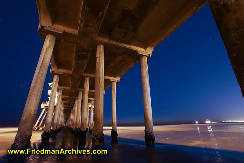 beach,ocean,pier,time exposure,night,blue,stars,sky,under the boardwalk,